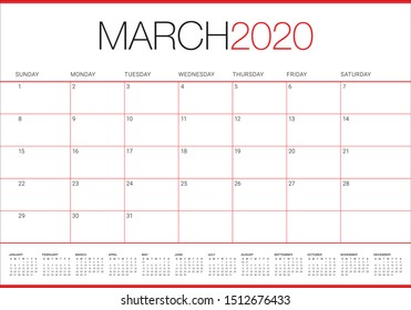 March 2020 desk calendar vector illustration, simple and clean design. 
