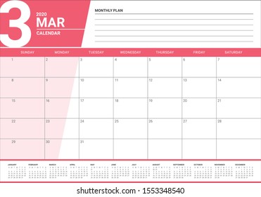 March 2020 desk calendar vector illustration, simple and clean design. 
