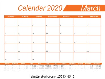 March 2020 desk calendar vector illustration, simple and clean design. 

