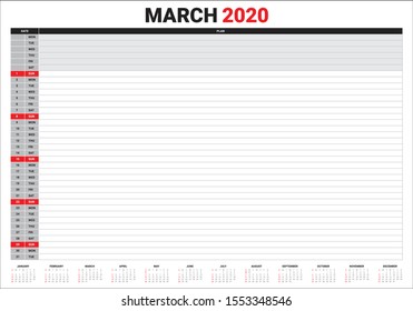 March 2020 desk calendar vector illustration, simple and clean design. 
