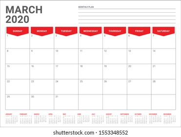 March 2020 desk calendar vector illustration, simple and clean design. 
