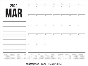 March 2020 desk calendar vector illustration, simple and clean design. 
