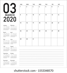 March 2020 desk calendar vector illustration, simple and clean design. 

