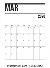 March 2020 desk calendar vector illustration, simple and clean design. 

