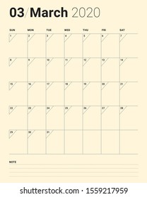 March 2020 desk calendar vector illustration, simple and clean design. 
