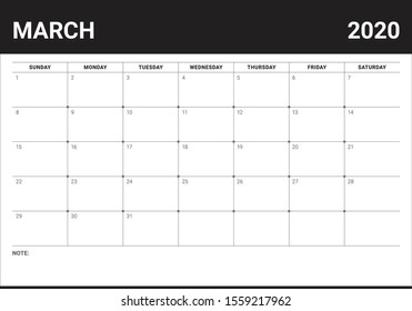 March 2020 desk calendar vector illustration, simple and clean design. 
