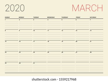 March 2020 desk calendar vector illustration, simple and clean design. 
