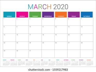 March 2020 desk calendar vector illustration, simple and clean design. 

