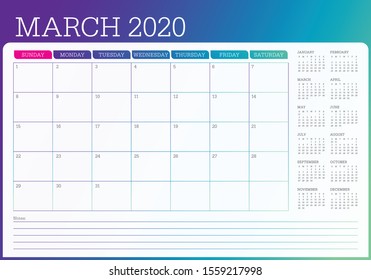 March 2020 desk calendar vector illustration, simple and clean design. 

