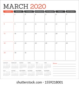 March 2020 desk calendar vector illustration, simple and clean design. 
