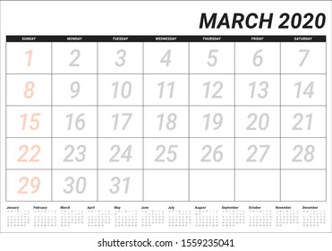 March 2020 desk calendar vector illustration, simple and clean design. 
