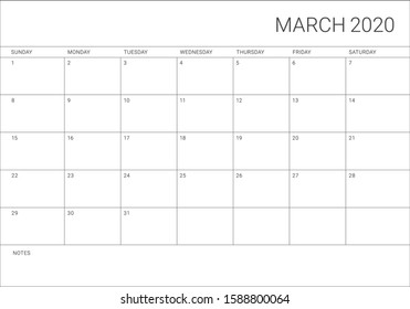 March 2020 desk calendar vector illustration, simple and clean design. 
