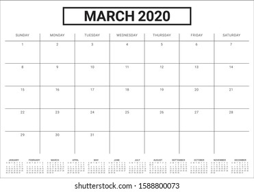 March 2020 desk calendar vector illustration, simple and clean design. 
