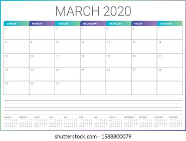 March 2020 desk calendar vector illustration, simple and clean design. 
