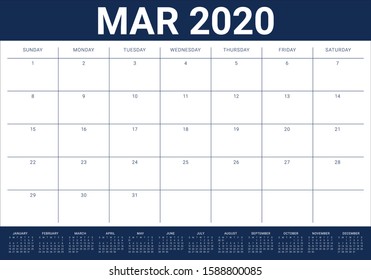 March 2020 desk calendar vector illustration, simple and clean design. 
