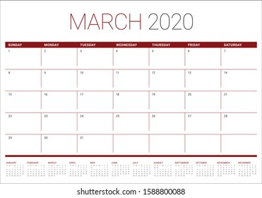 March 2020 desk calendar vector illustration, simple and clean design. 
