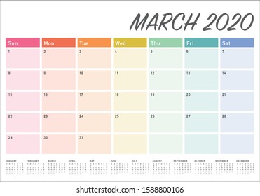 March 2020 desk calendar vector illustration, simple and clean design. 
