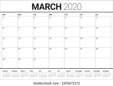 March 2020 desk calendar vector illustration, simple and clean design. 
