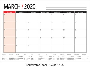 March 2020 desk calendar vector illustration, simple and clean design. 
