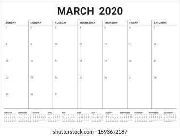 March 2020 desk calendar vector illustration, simple and clean design. 
