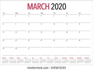 March 2020 desk calendar vector illustration, simple and clean design. 
