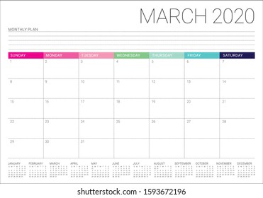 March 2020 desk calendar vector illustration, simple and clean design. 
