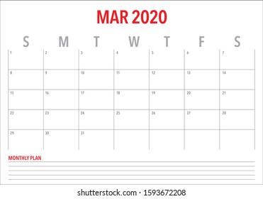 March 2020 desk calendar vector illustration, simple and clean design. 
