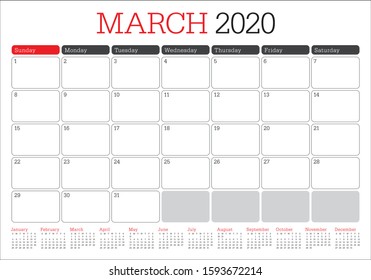 March 2020 desk calendar vector illustration, simple and clean design. 

