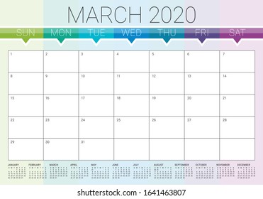 March 2020 desk calendar vector illustration, simple and clean design. 
