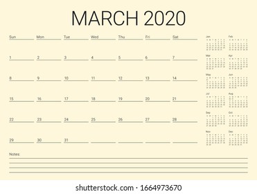 March 2020 desk calendar vector illustration, simple and clean design. 
