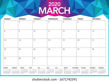Ilustración vectorial del calendario de escritorio de marzo de 2020, diseño simple y limpio. 