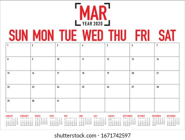March 2020 desk calendar vector illustration, simple and clean design. 