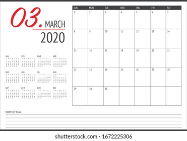 March 2020 desk calendar vector illustration, simple and clean design. 