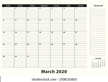 March 2020 Monthly Business Desk Pad Calendar. March 2020 Calendar Planner With To-do List And Place For Notes In Black And White Design.