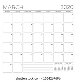 March 2020. Monthly calendar planner template. Minimalist style. Vector illustration. Week starts on Monday