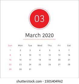 March 2020 monthly calendar vector illustration, simple and clean design. 
