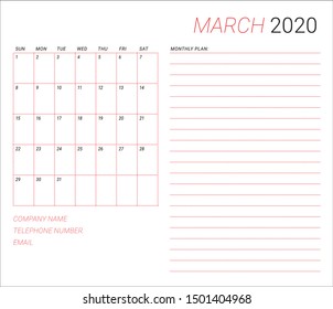 March 2020 monthly calendar vector illustration, simple and clean design. 
