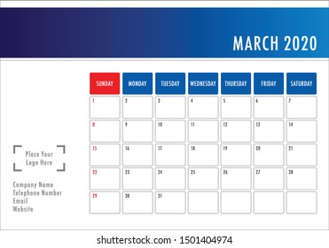 March 2020 monthly calendar vector illustration, simple and clean design. 
