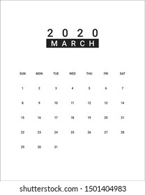 March 2020 monthly calendar vector illustration, simple and clean design. 
