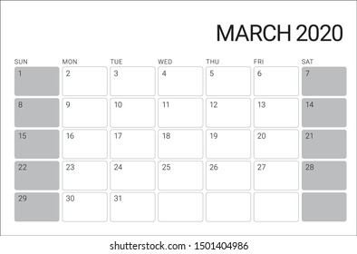 March 2020 monthly calendar vector illustration, simple and clean design. 
