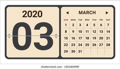 March 2020 monthly calendar vector illustration, simple and clean design. 
