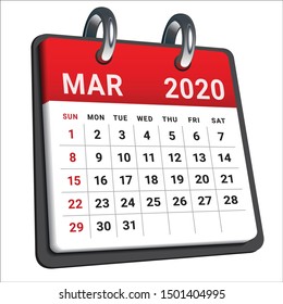 March 2020 monthly calendar vector illustration, simple and clean design. 
