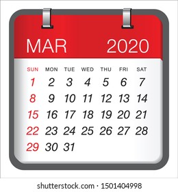 March 2020 monthly calendar vector illustration, simple and clean design. 
