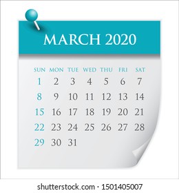 March 2020 monthly calendar vector illustration, simple and clean design. 

