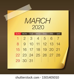 March 2020 monthly calendar vector illustration, simple and clean design. 
