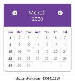 March 2020 monthly calendar vector illustration, simple and clean design. 