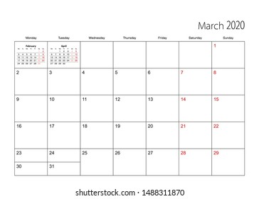 March 2020 simple calendar planner, week starts from Monday. Vector calendar planner.