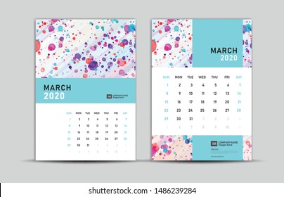 MARCH 2020 template, Desk calendar 2021, trendy background, vector layout, printing media, advertisement, a5, a4, a3 size, pastel concept