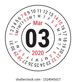 March 2020. Vector English сalendar. Round calender. Week starts on Sunday. Design template. Circle. Third month