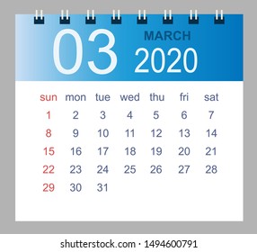 March 2020. Vector monthly calendar template 2020 year in simple style for template design. Week starts from Sunday.